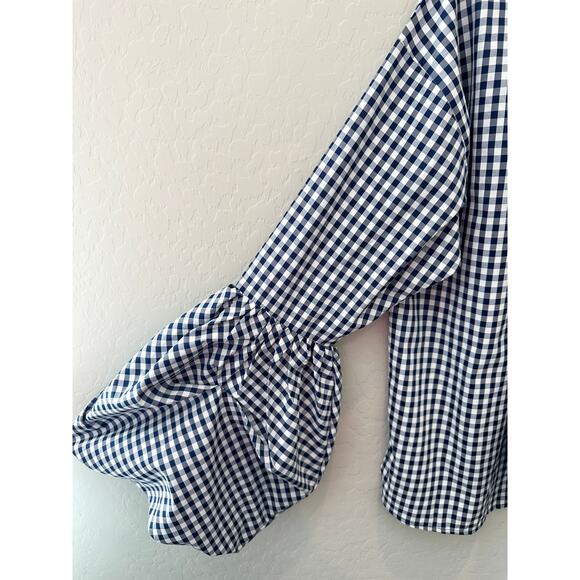 TOV | Navy Gingham Tie Front Bow Blouse Dramatic Balloon Sleeves | Size 38 - Picture 3 of 8